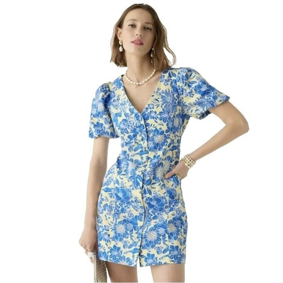 J. Crew Dresses & Skirts - J.Crew button-front puff-sleeve mini dress in blue floral twill, size 4